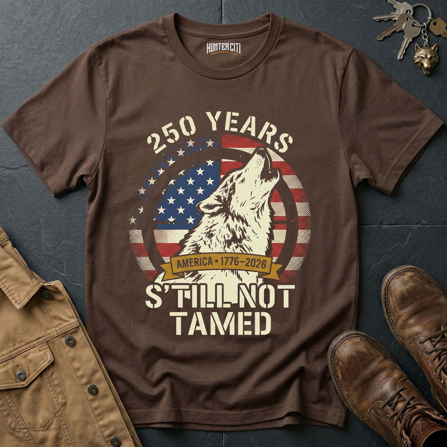 250 Years America Still Not Tamed Howling Wolf T-Shirt - 1776 2026 America Anniversary Patriotic Badge Tee USA Gift