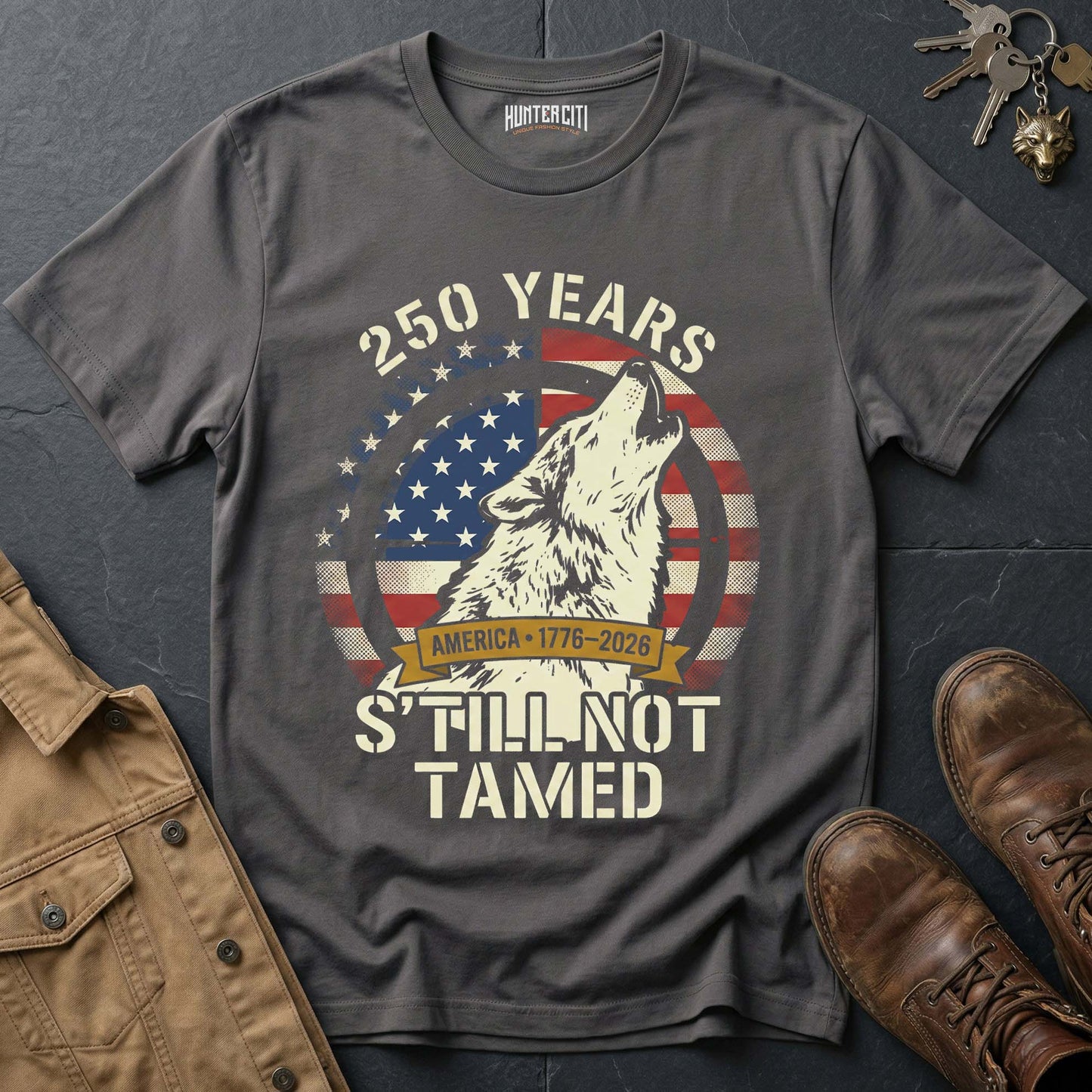 250 Years America Still Not Tamed Howling Wolf T-Shirt - 1776 2026 America Anniversary Patriotic Badge Tee USA Gift
