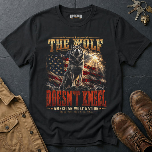 The Wolf Doesn't Kneel American Wolf Nation T-Shirt Patriotic Wolf Graphic Tee Stand Tall USA Gift for Men