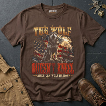 The Wolf Doesn't Kneel American Wolf Nation T-Shirt Patriotic Wolf Graphic Tee Stand Tall USA Gift for Men