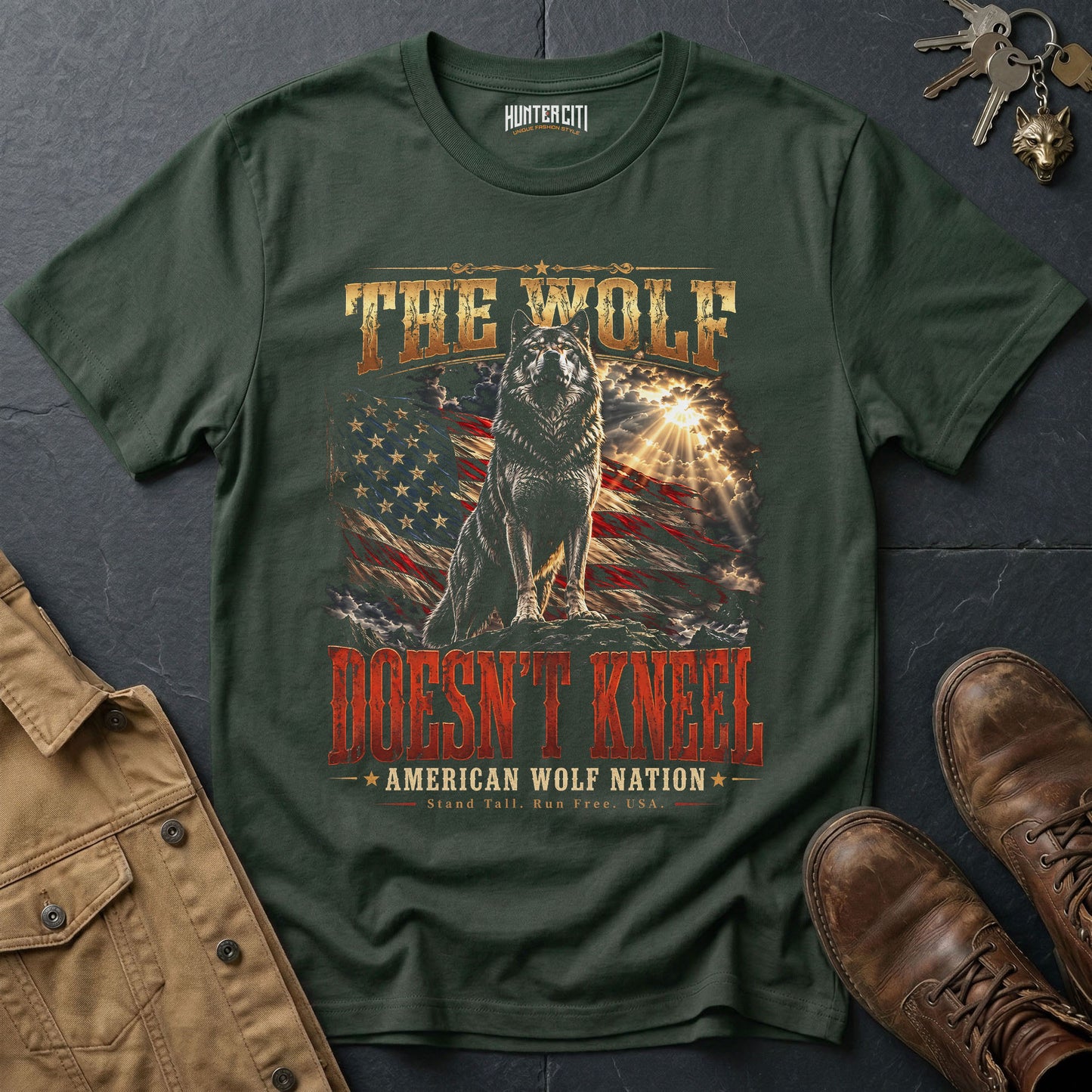 The Wolf Doesn't Kneel American Wolf Nation T-Shirt Patriotic Wolf Graphic Tee Stand Tall USA Gift for Men
