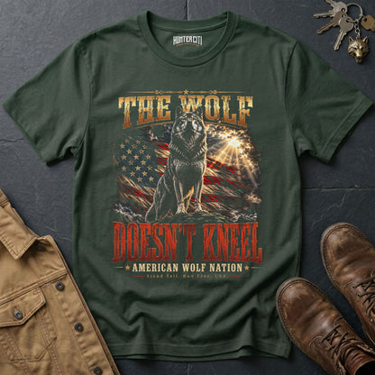 The Wolf Doesn't Kneel American Wolf Nation T-Shirt Patriotic Wolf Graphic Tee Stand Tall USA Gift for Men