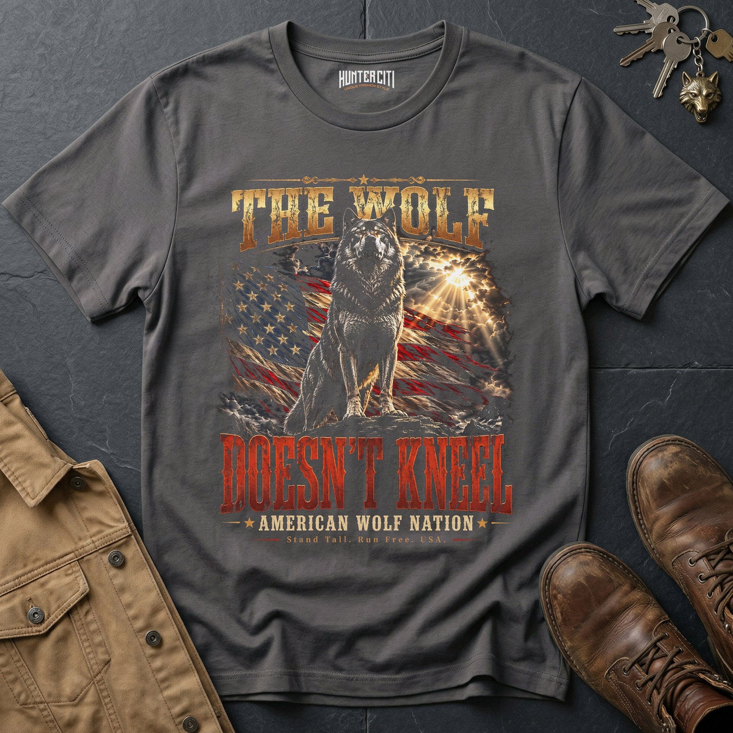 The Wolf Doesn't Kneel American Wolf Nation T-Shirt Patriotic Wolf Graphic Tee Stand Tall USA Gift for Men