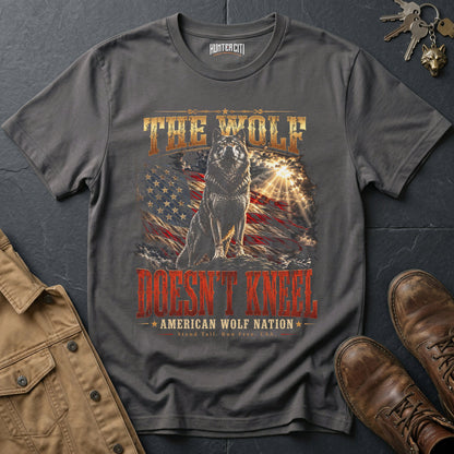 The Wolf Doesn't Kneel American Wolf Nation T-Shirt Patriotic Wolf Graphic Tee Stand Tall USA Gift for Men