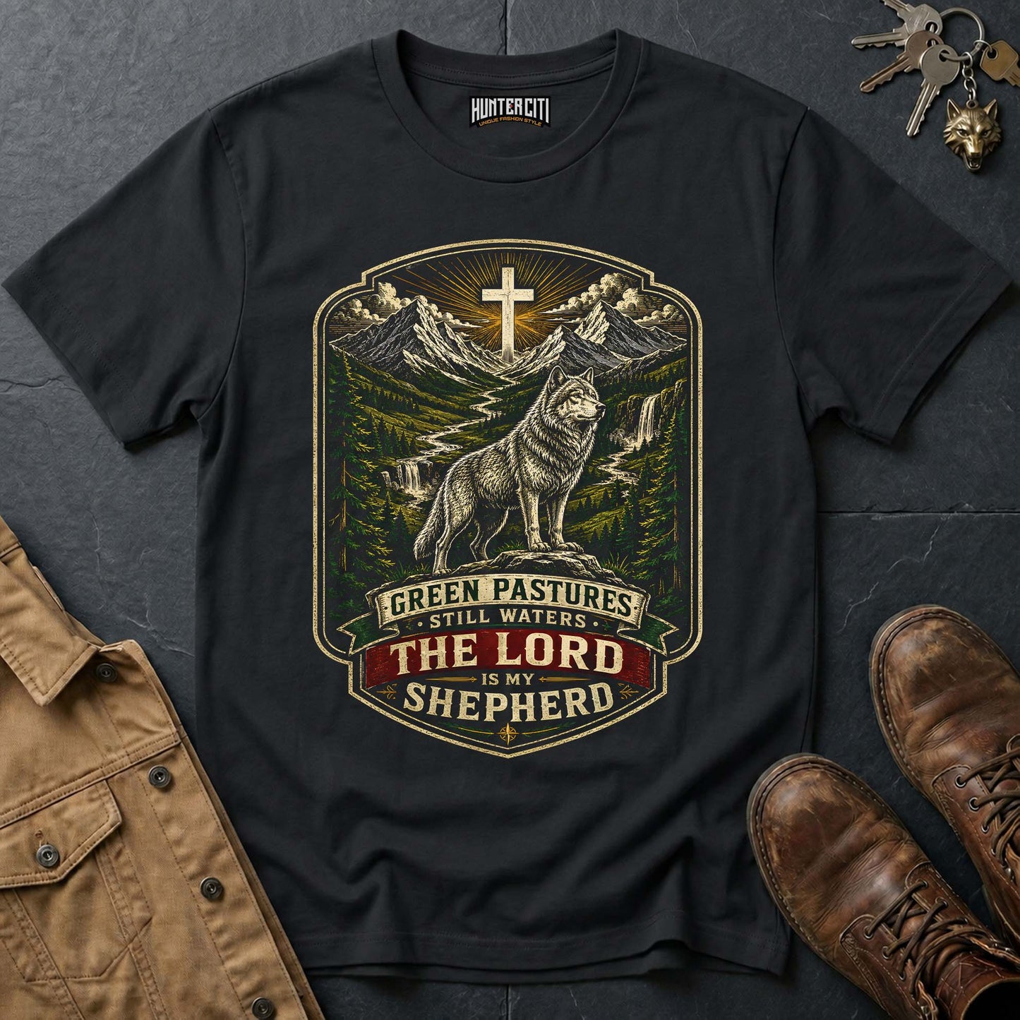 Green Pastures Still Waters The Lord Is My Shepherd Wolf T-Shirt - Psalm 23 Christian Wolf Graphic Tee USA