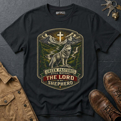 Green Pastures Still Waters The Lord Is My Shepherd Wolf T-Shirt - Psalm 23 Christian Wolf Graphic Tee USA