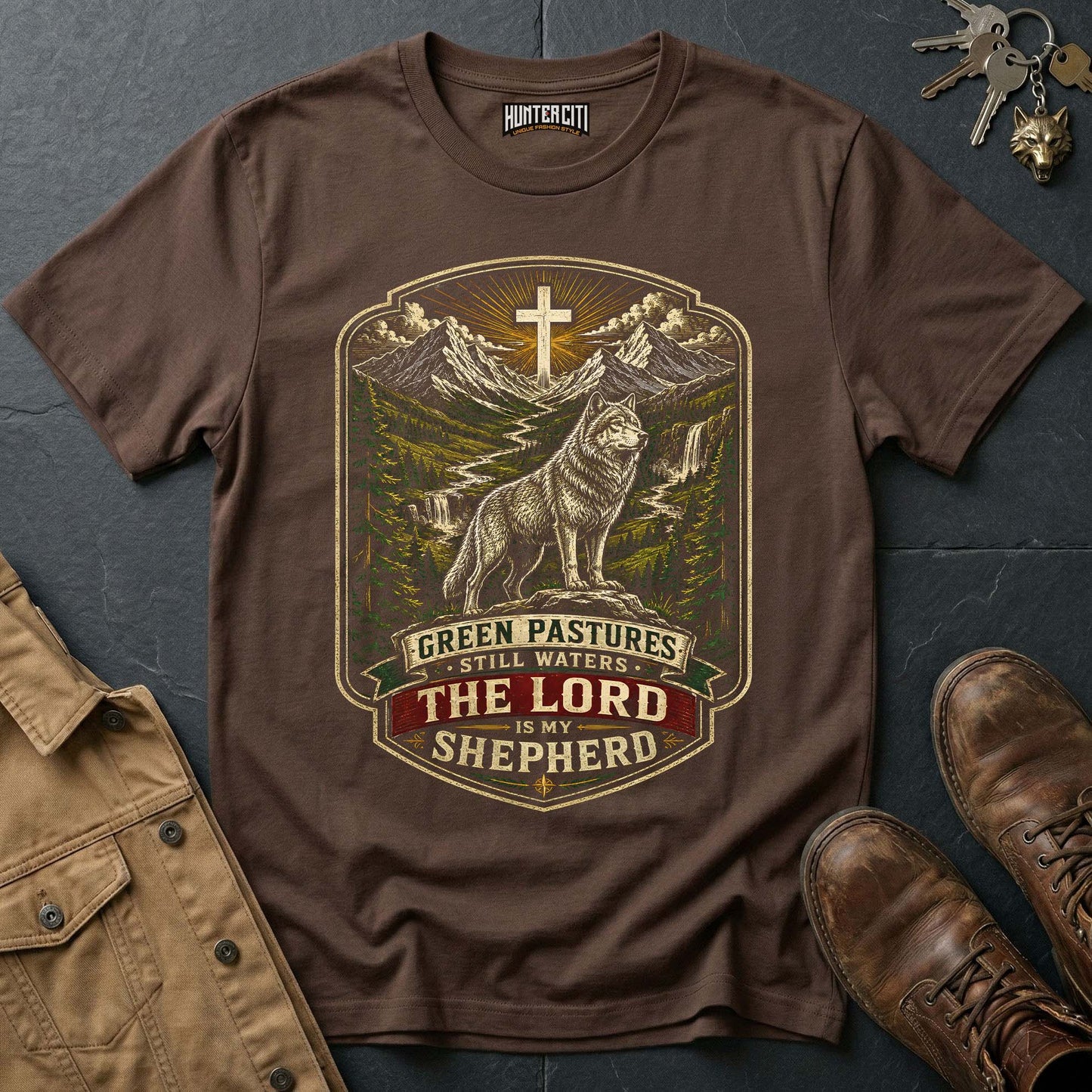 Green Pastures Still Waters The Lord Is My Shepherd Wolf T-Shirt - Psalm 23 Christian Wolf Graphic Tee USA