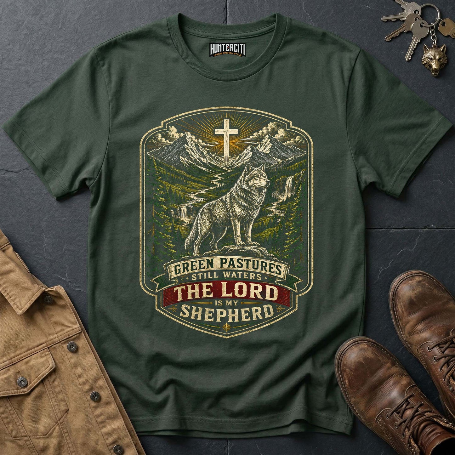 Green Pastures Still Waters The Lord Is My Shepherd Wolf T-Shirt - Psalm 23 Christian Wolf Graphic Tee USA