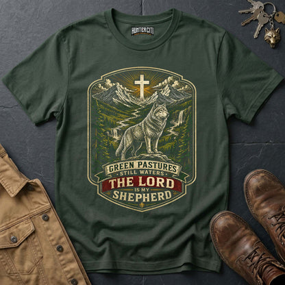 Green Pastures Still Waters The Lord Is My Shepherd Wolf T-Shirt - Psalm 23 Christian Wolf Graphic Tee USA