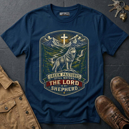 Green Pastures Still Waters The Lord Is My Shepherd Wolf T-Shirt - Psalm 23 Christian Wolf Graphic Tee USA