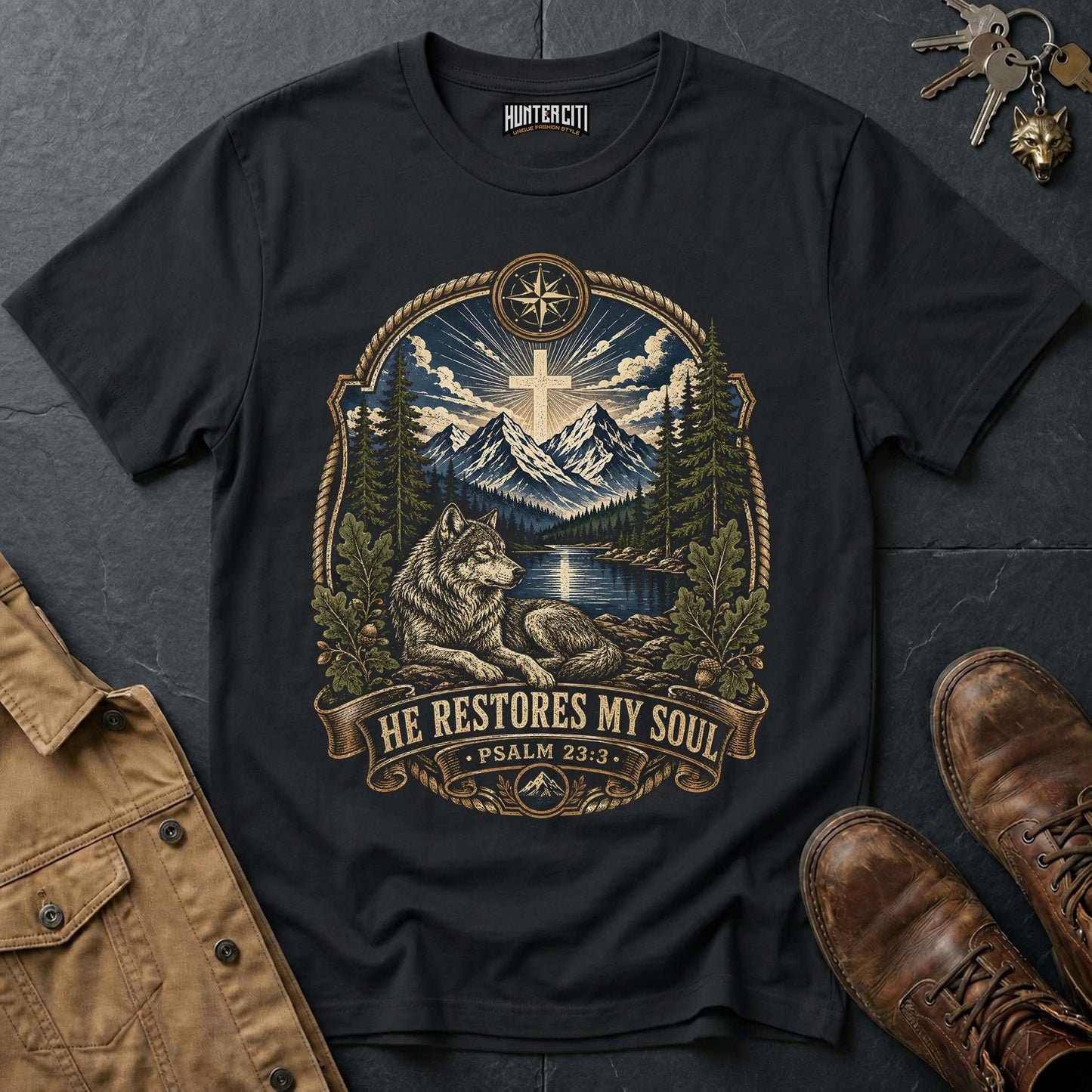 He Restores My Soul Psalm 23 Wolf Vintage T-Shirt - Christian Wolf Graphic Tee USA Faith Gift for Men