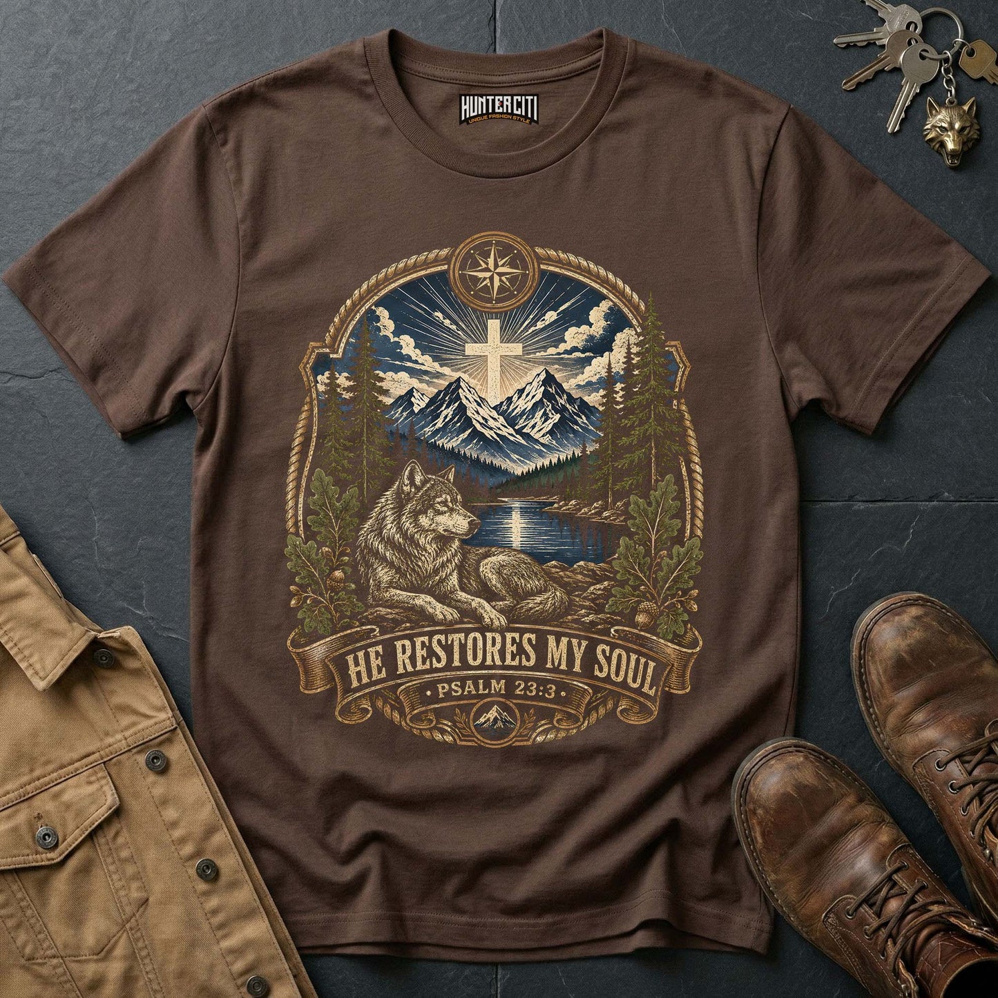 He Restores My Soul Psalm 23 Wolf Vintage T-Shirt - Christian Wolf Graphic Tee USA Faith Gift for Men