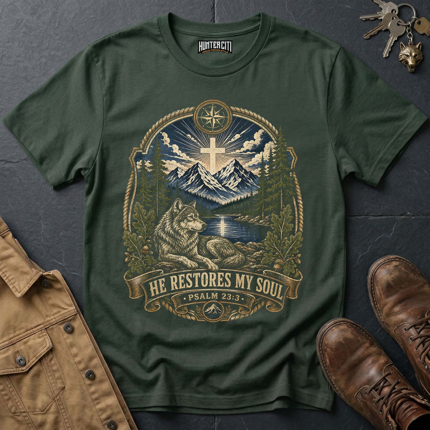 He Restores My Soul Psalm 23 Wolf Vintage T-Shirt - Christian Wolf Graphic Tee USA Faith Gift for Men