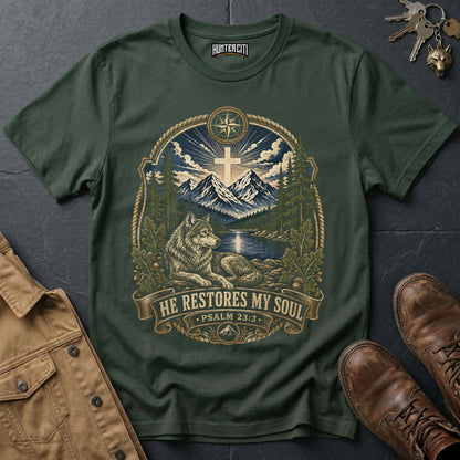 He Restores My Soul Psalm 23 Wolf Vintage T-Shirt - Christian Wolf Graphic Tee USA Faith Gift for Men