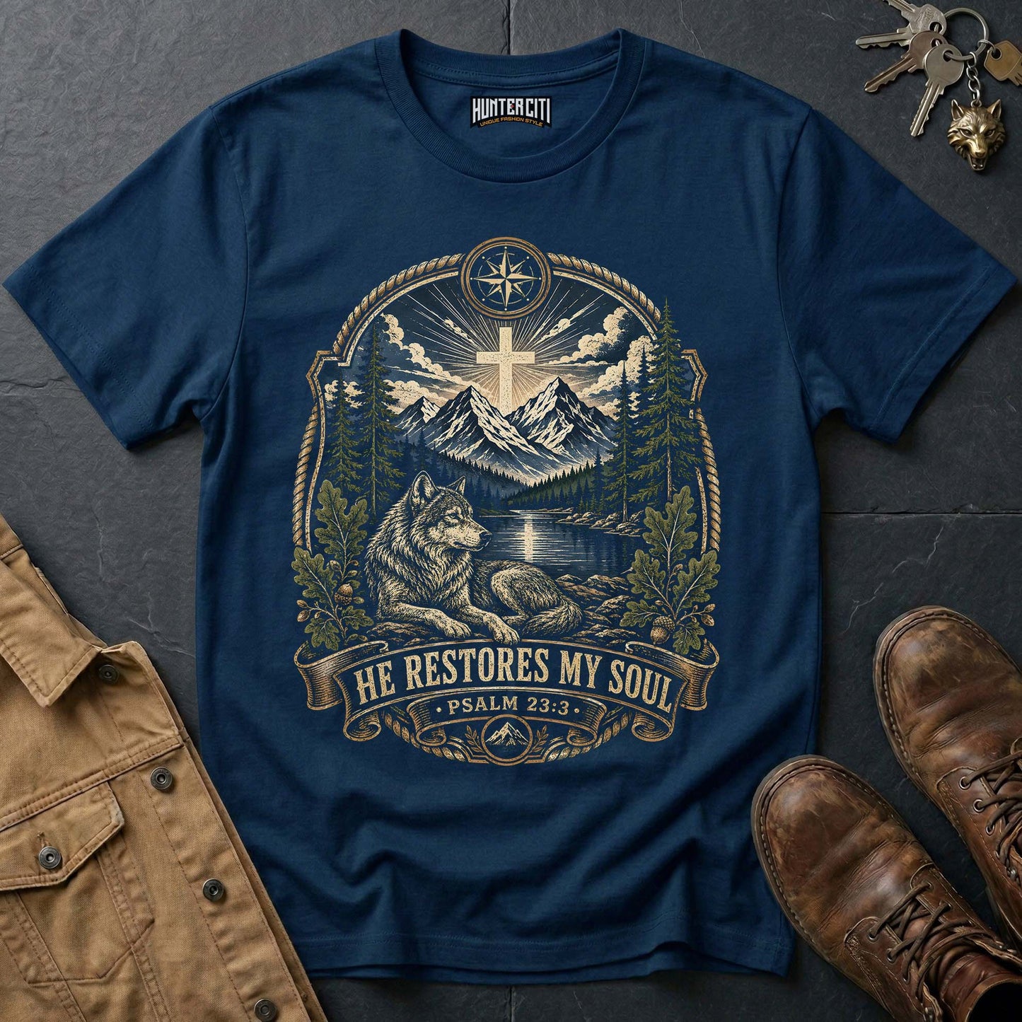 He Restores My Soul Psalm 23 Wolf Vintage T-Shirt - Christian Wolf Graphic Tee USA Faith Gift for Men