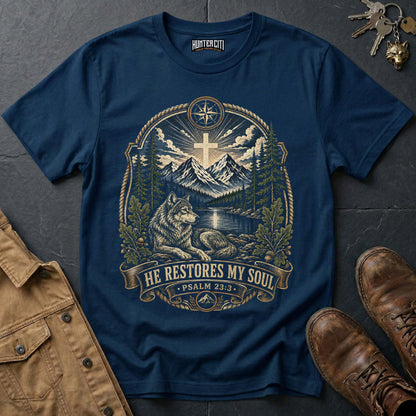 He Restores My Soul Psalm 23 Wolf Vintage T-Shirt - Christian Wolf Graphic Tee USA Faith Gift for Men