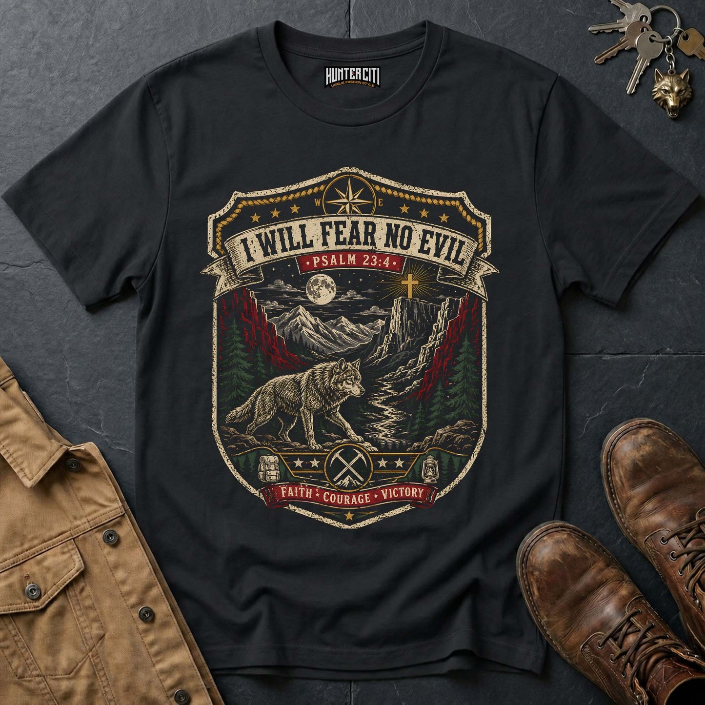 I Will Fear No Evil Faith Courage Victory Wolf T-Shirt - Psalm 23:4 Christian Wolf Graphic Tee USA Gift for Men