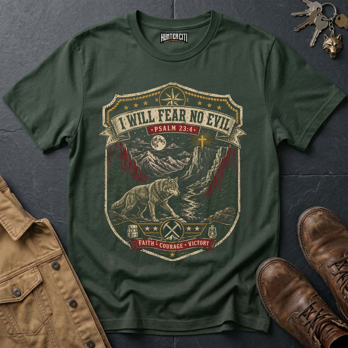 I Will Fear No Evil Faith Courage Victory Wolf T-Shirt - Psalm 23:4 Christian Wolf Graphic Tee USA Gift for Men