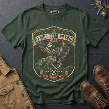 I Will Fear No Evil Faith Courage Victory Wolf T-Shirt - Psalm 23:4 Christian Wolf Graphic Tee USA Gift for Men