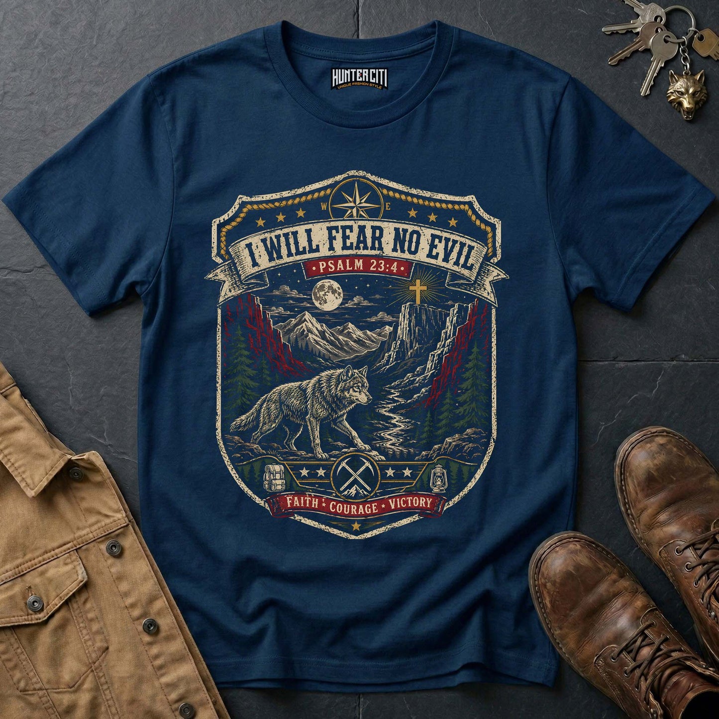 I Will Fear No Evil Faith Courage Victory Wolf T-Shirt - Psalm 23:4 Christian Wolf Graphic Tee USA Gift for Men