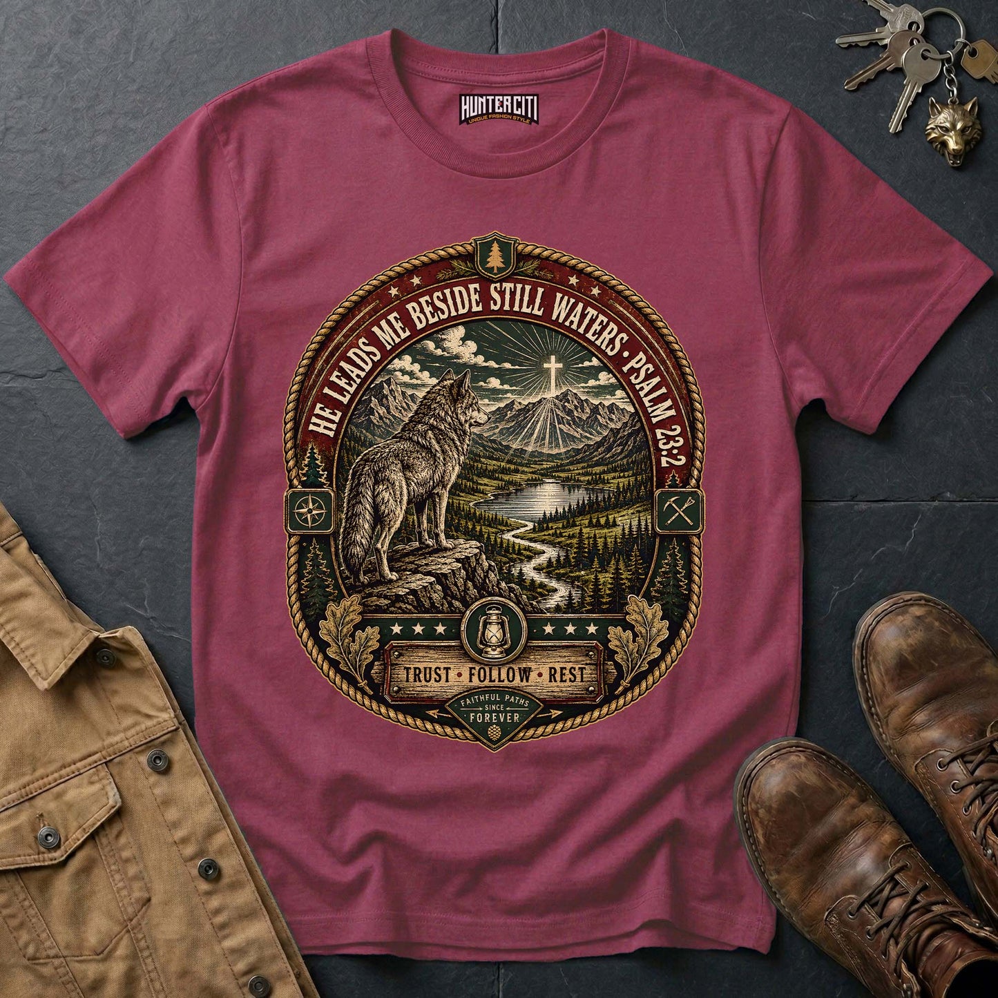 He Leads Me Beside Still Waters Trust Follow Rest Wolf T-Shirt - Psalm 23:2 Christian Wolf Graphic Tee USA