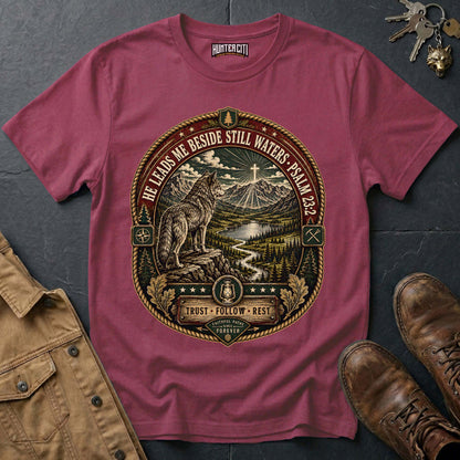 He Leads Me Beside Still Waters Trust Follow Rest Wolf T-Shirt - Psalm 23:2 Christian Wolf Graphic Tee USA