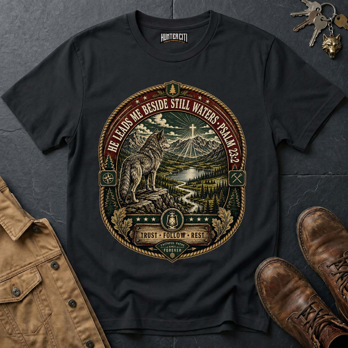 He Leads Me Beside Still Waters Trust Follow Rest Wolf T-Shirt - Psalm 23:2 Christian Wolf Graphic Tee USA