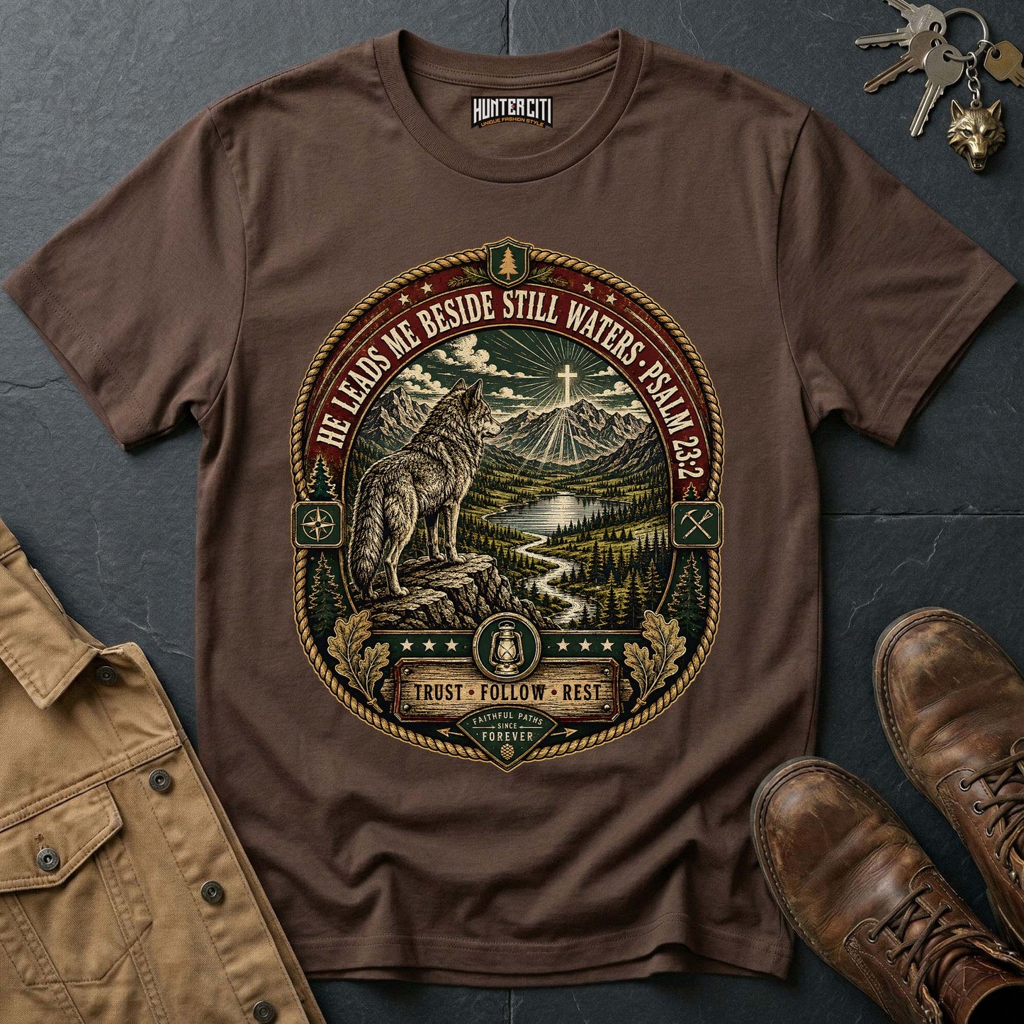 He Leads Me Beside Still Waters Trust Follow Rest Wolf T-Shirt - Psalm 23:2 Christian Wolf Graphic Tee USA