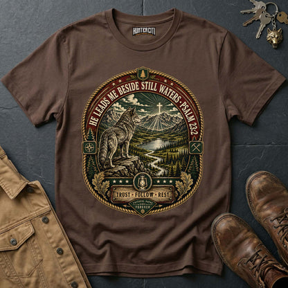 He Leads Me Beside Still Waters Trust Follow Rest Wolf T-Shirt - Psalm 23:2 Christian Wolf Graphic Tee USA