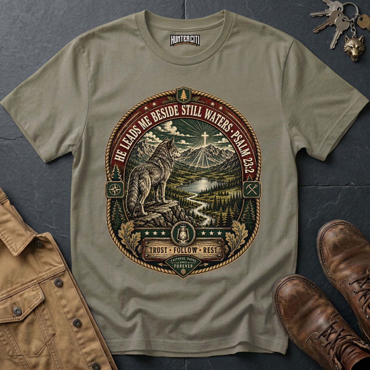 He Leads Me Beside Still Waters Trust Follow Rest Wolf T-Shirt - Psalm 23:2 Christian Wolf Graphic Tee USA