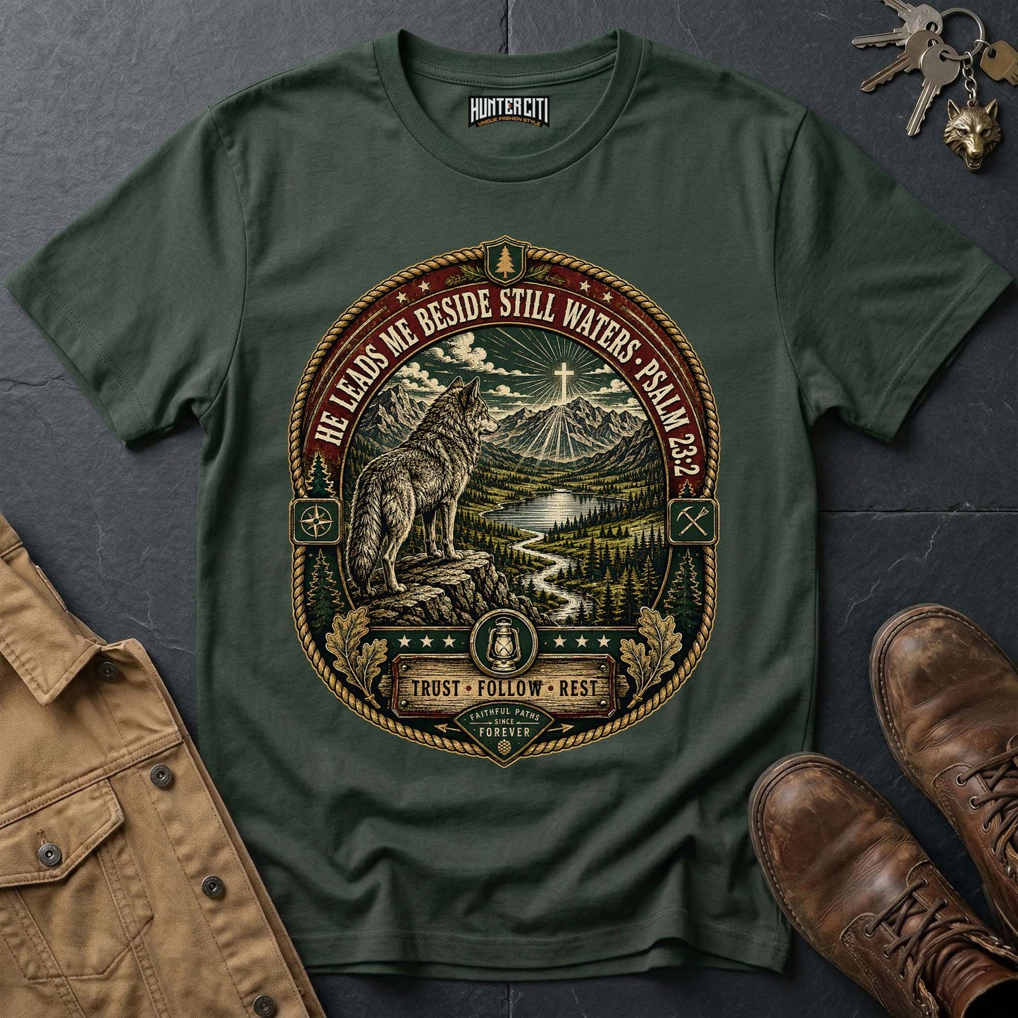He Leads Me Beside Still Waters Trust Follow Rest Wolf T-Shirt - Psalm 23:2 Christian Wolf Graphic Tee USA