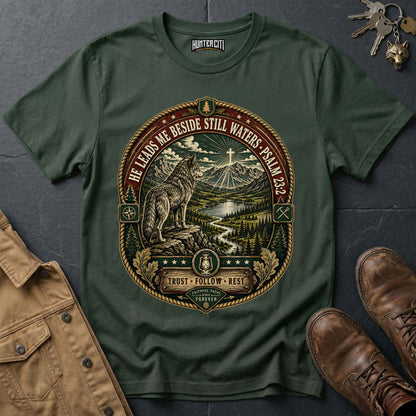 He Leads Me Beside Still Waters Trust Follow Rest Wolf T-Shirt - Psalm 23:2 Christian Wolf Graphic Tee USA