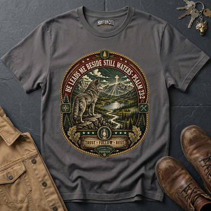 He Leads Me Beside Still Waters Trust Follow Rest Wolf T-Shirt - Psalm 23:2 Christian Wolf Graphic Tee USA