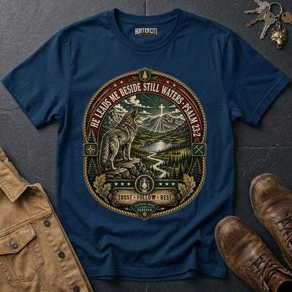He Leads Me Beside Still Waters Trust Follow Rest Wolf T-Shirt - Psalm 23:2 Christian Wolf Graphic Tee USA