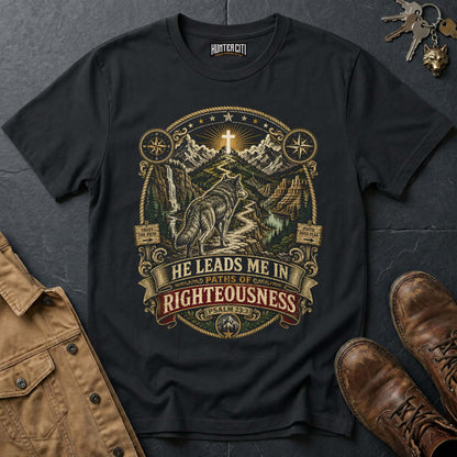 He Leads Me in Paths of Righteousness Wolf Vintage T-Shirt - Psalm 23:3 Christian Wolf Graphic Tee USA Gift