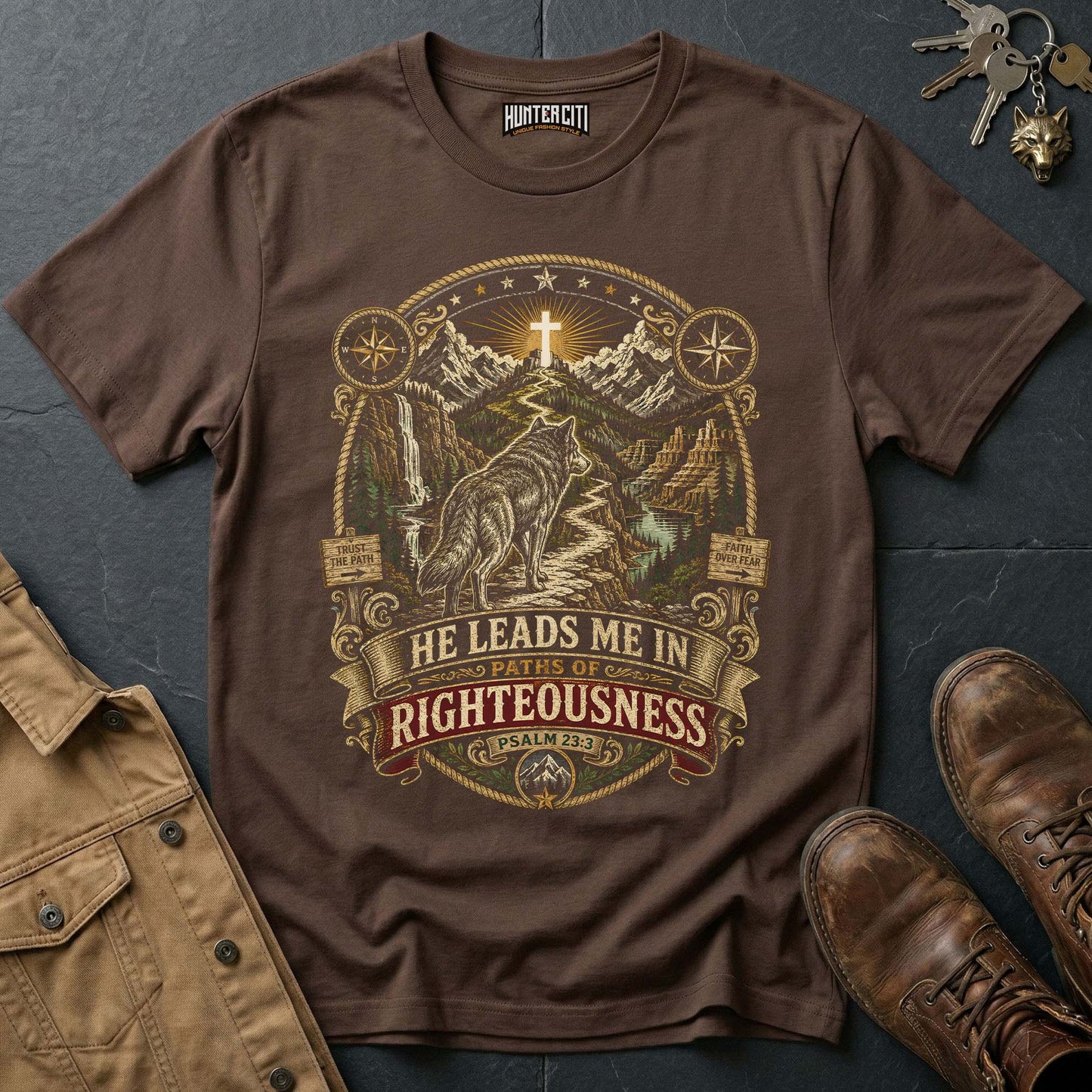He Leads Me in Paths of Righteousness Wolf Vintage T-Shirt - Psalm 23:3 Christian Wolf Graphic Tee USA Gift