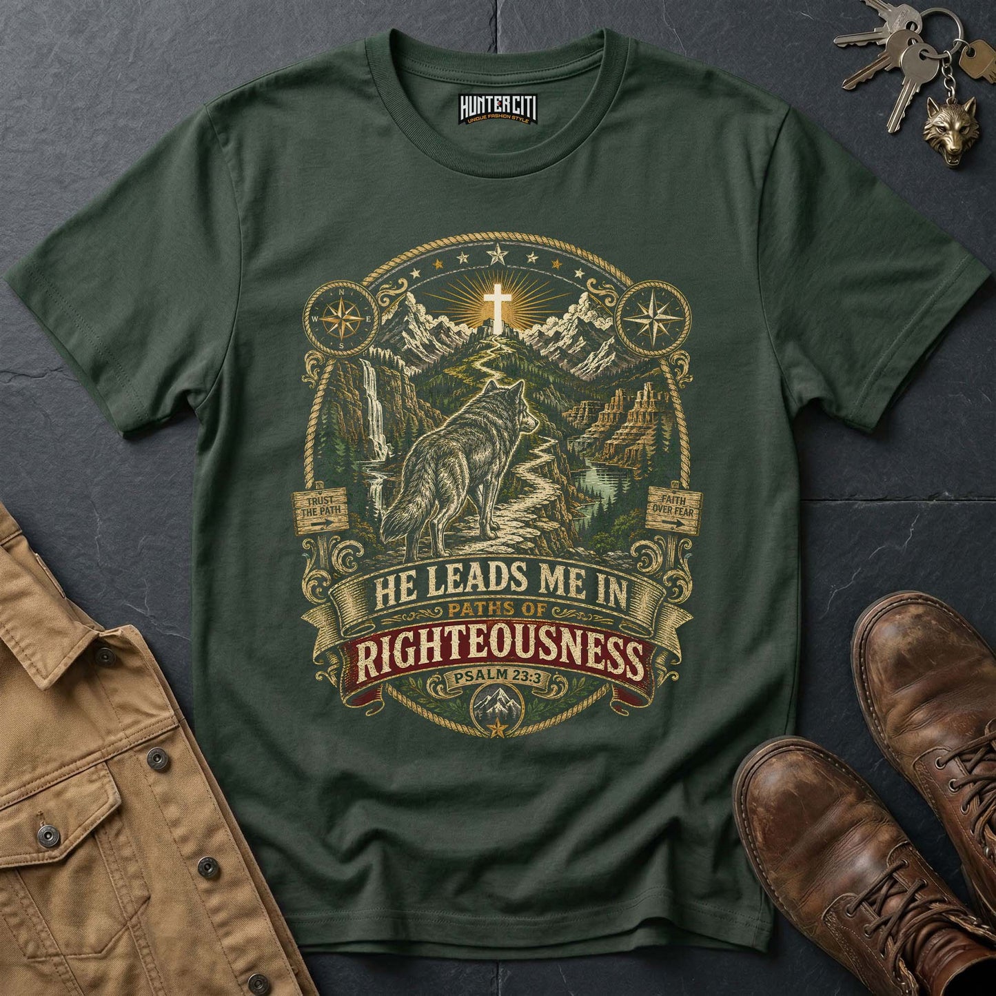 He Leads Me in Paths of Righteousness Wolf Vintage T-Shirt - Psalm 23:3 Christian Wolf Graphic Tee USA Gift