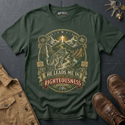 He Leads Me in Paths of Righteousness Wolf Vintage T-Shirt - Psalm 23:3 Christian Wolf Graphic Tee USA Gift