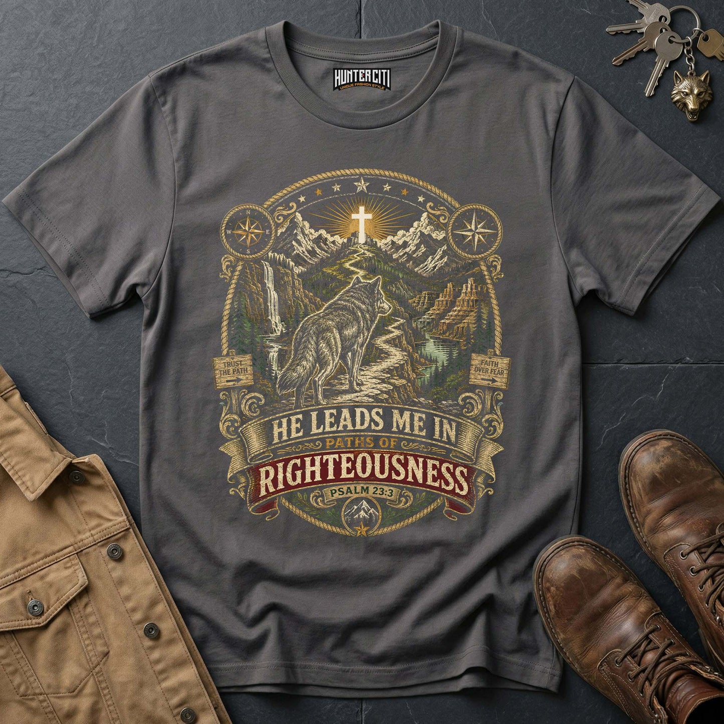 He Leads Me in Paths of Righteousness Wolf Vintage T-Shirt - Psalm 23:3 Christian Wolf Graphic Tee USA Gift