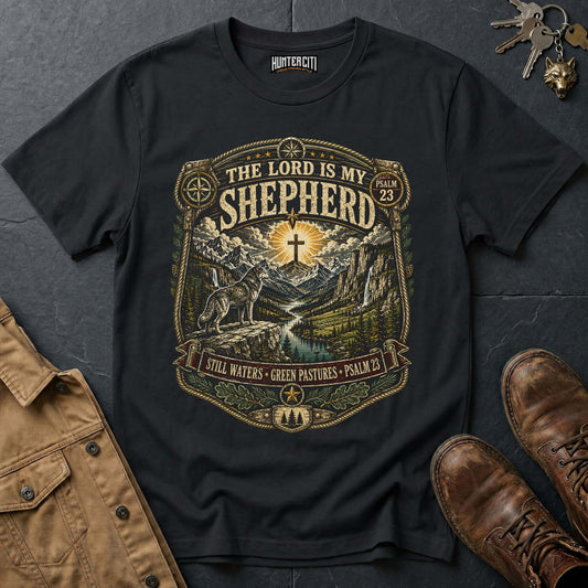 The Lord Is My Shepherd Still Waters Green Pastures Psalm 23 Wolf T-Shirt - Christian Wolf Graphic Tee USA
