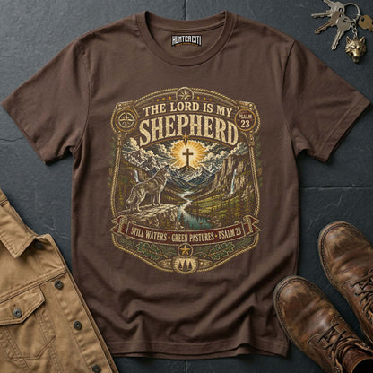 The Lord Is My Shepherd Still Waters Green Pastures Psalm 23 Wolf T-Shirt - Christian Wolf Graphic Tee USA