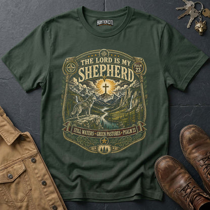 The Lord Is My Shepherd Still Waters Green Pastures Psalm 23 Wolf T-Shirt - Christian Wolf Graphic Tee USA