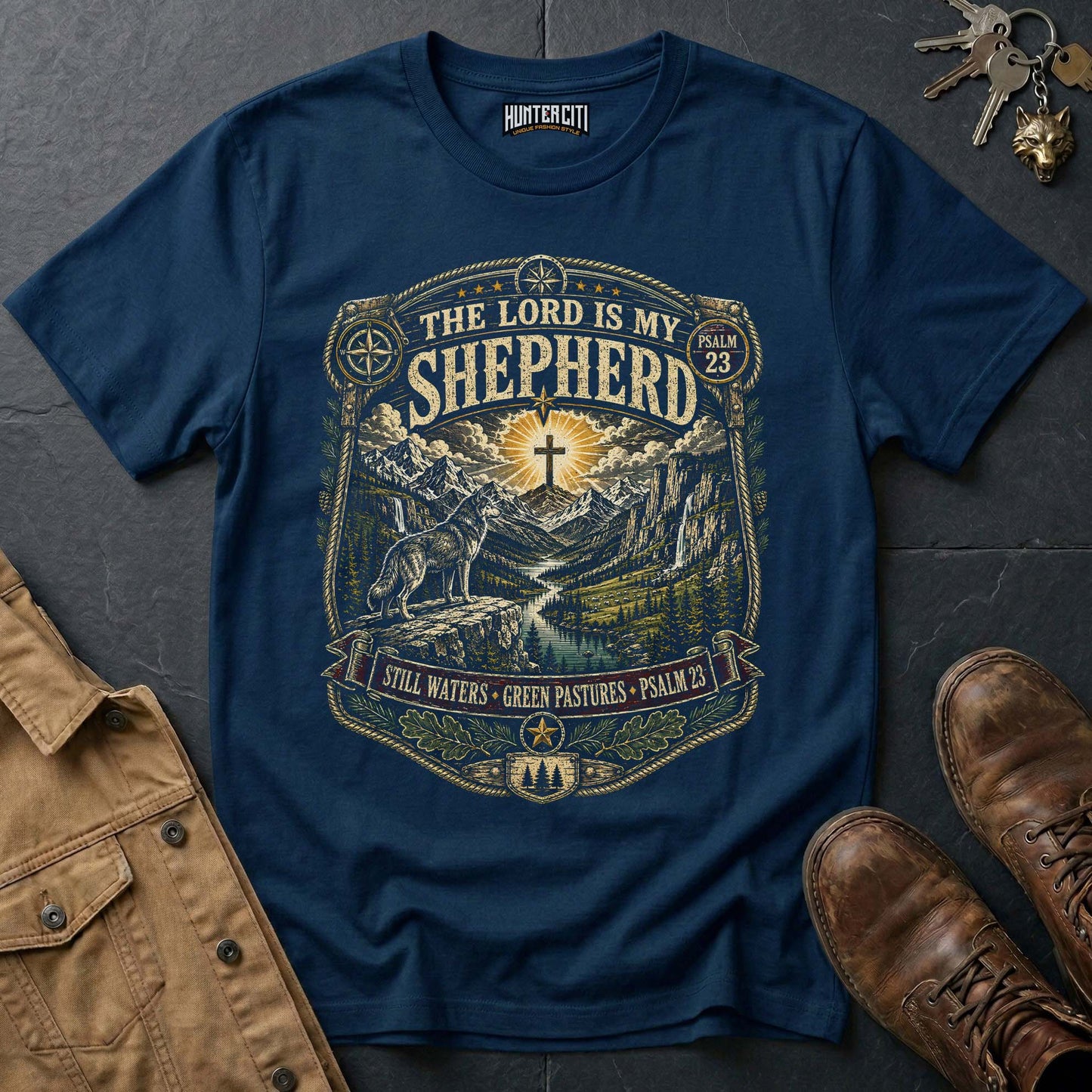 The Lord Is My Shepherd Still Waters Green Pastures Psalm 23 Wolf T-Shirt - Christian Wolf Graphic Tee USA