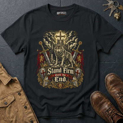 Stand Firm Until the End Wolf T-Shirt - Christian Warrior Wolf Graphic Tee USA Bold Gift for Men