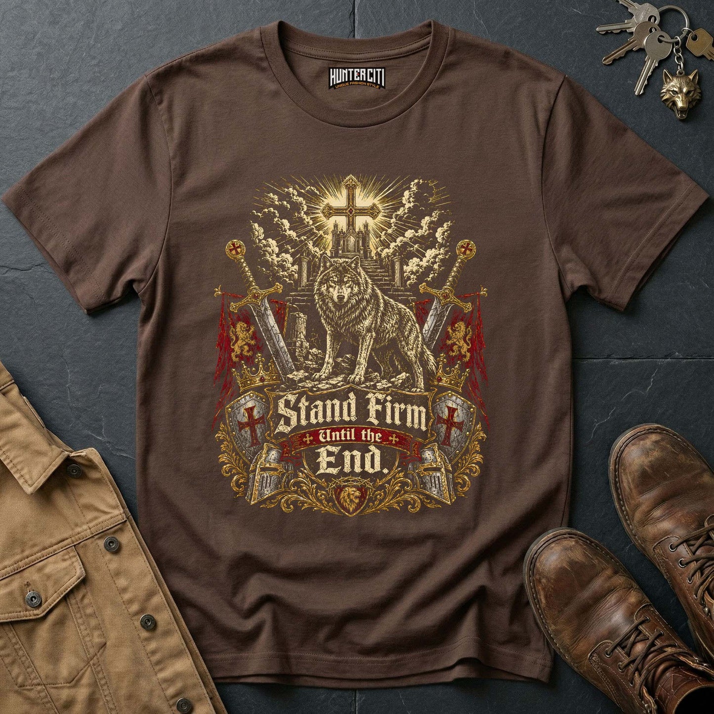 Stand Firm Until the End Wolf T-Shirt - Christian Warrior Wolf Graphic Tee USA Bold Gift for Men