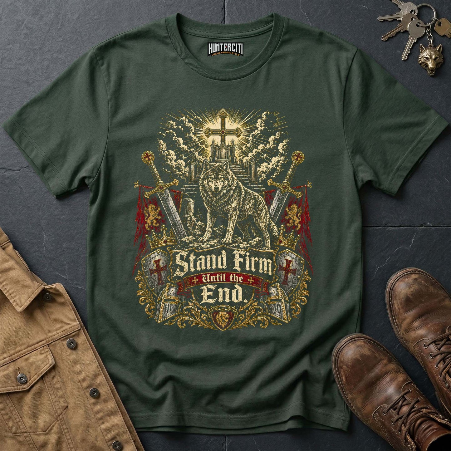 Stand Firm Until the End Wolf T-Shirt - Christian Warrior Wolf Graphic Tee USA Bold Gift for Men