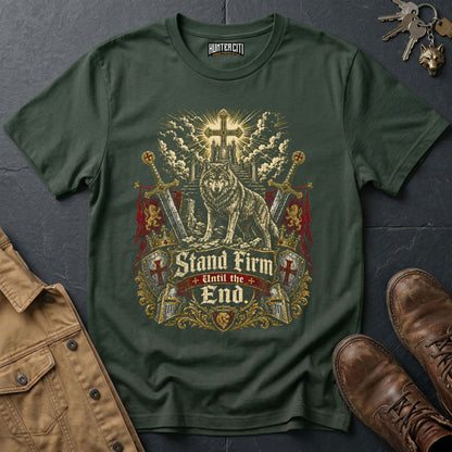 Stand Firm Until the End Wolf T-Shirt - Christian Warrior Wolf Graphic Tee USA Bold Gift for Men