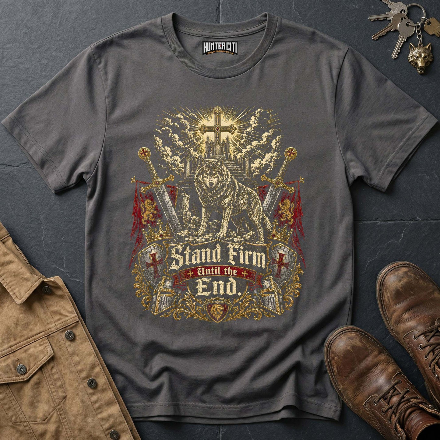 Stand Firm Until the End Wolf T-Shirt - Christian Warrior Wolf Graphic Tee USA Bold Gift for Men