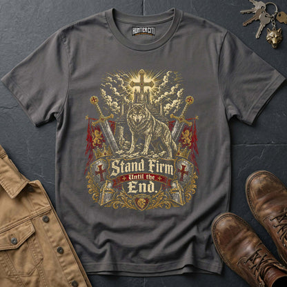 Stand Firm Until the End Wolf T-Shirt - Christian Warrior Wolf Graphic Tee USA Bold Gift for Men