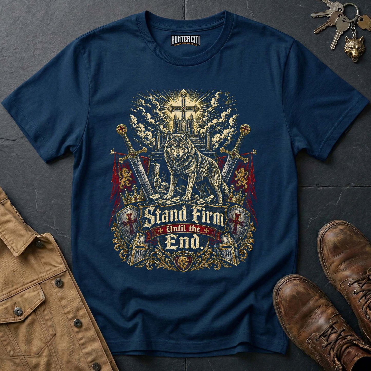 Stand Firm Until the End Wolf T-Shirt - Christian Warrior Wolf Graphic Tee USA Bold Gift for Men